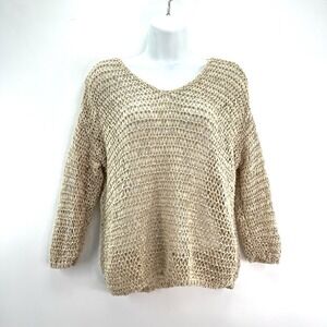 Chicos Sz 0 XS Oatmeal Sweater Open Weave Layer Ribbon Knit Beach Minimalist